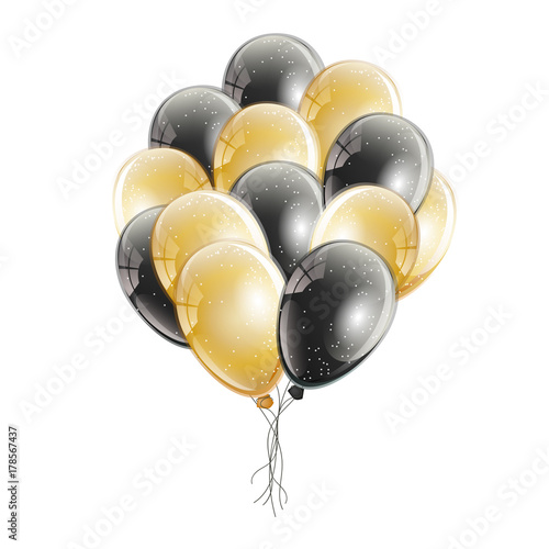 Bunch Of Realistic Black And Gold Helium Balloons With Glitter And