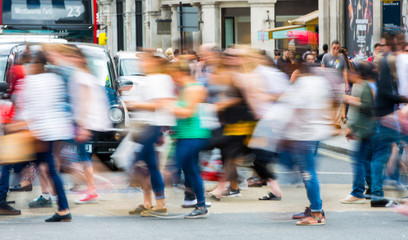 Poster - London, UK - August 24, 2016: Piccadilly circus with lots of people, tourists and Londoners crossing the junction. Red bus at the background. Blurred type image