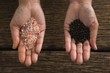 Hands holding sea salt and black pepper seeds