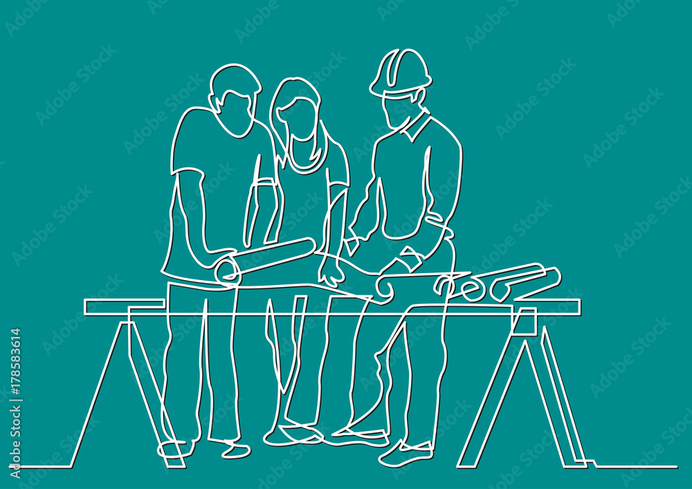 Dialog Line Drawing Building continuous line drawing of - couple discussing costruction plan with ...