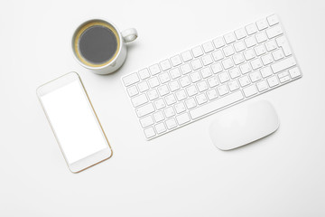 Sticker - Office desk table with computer, supplies and coffee cup