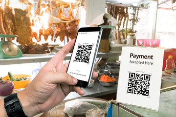 qr code payment , online shopping , cashless technology concept. restaurant in market accepted digit