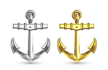 Silver And Gold Anchors Isolated On White Background