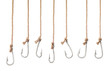 Set of fishing hooks on the ropes isolated on a white background. 3d illustration