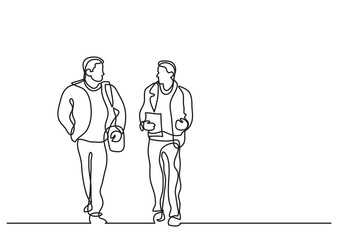 Wall Mural - one line drawing of two men walking and talking