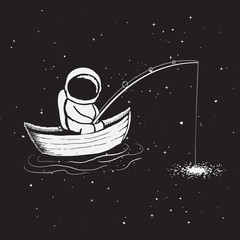 Wall Mural - astronaut sits in boat and catches a stars through fishing rod from galaxy.childish vector illustrat