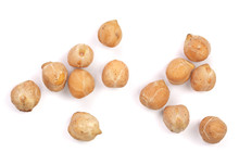 Dry Raw Organic Chickpeas Isolated On White Background. Top View