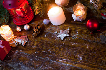 Sticker - christmas Lantern with decorations on blue wooden background