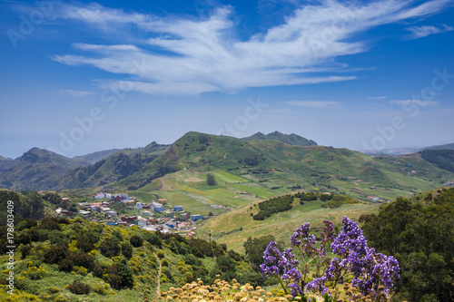 Plakat Orotava-zielona dolina na Teneryfie, w odległości wznoszącej się nad doliną wulkanu Teide