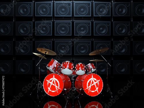 Plakat Zestaw perkusyjny czerwony z anarchii znak na tle ściany wzmacniaczy gitarowych. 3D ilustracja.