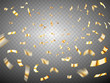 Confetti explosion on transparent background. Gold metal realistic scattered confetti. Many falling tiny confetti pieces. Celebration background with confetti
