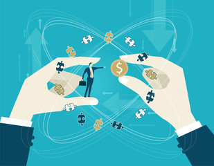 Businessman pointing on the dollar symbol and surrounded by puzzle pieces. Market fall, economy concept. 