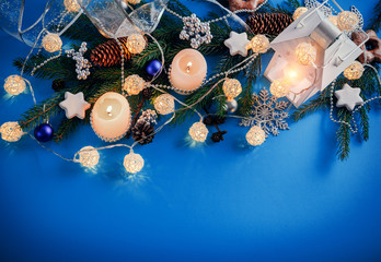 Wall Mural - Christmas decorations on blue background