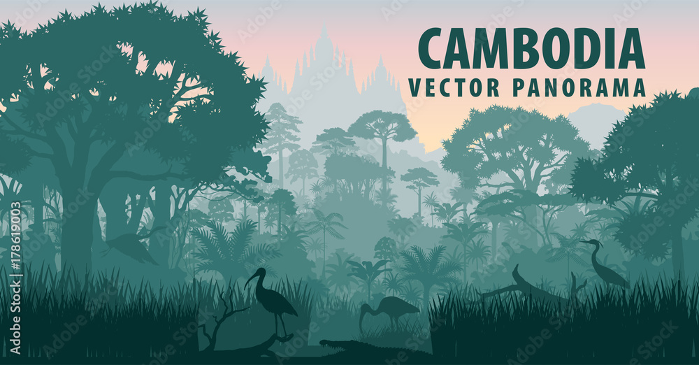 vector panorama of Cambodia with crocodile, herons and ibis in jungle rainforest wetland - obrazy, fototapety, plakaty 