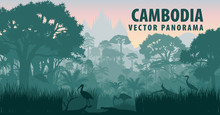 Vector Panorama Of Cambodia With Crocodile, Herons And Ibis In Jungle Rainforest Wetland