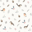 Christmas flora seamless pattern with cute little birds.