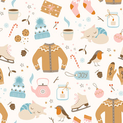 Wall Mural - Christmas seamless pattern with cozy winter clothes and cute winter holiday elements.