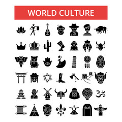 World culture illustration, thin line icons, linear flat signs, outline pictograms, vector symbols set, editable strokes