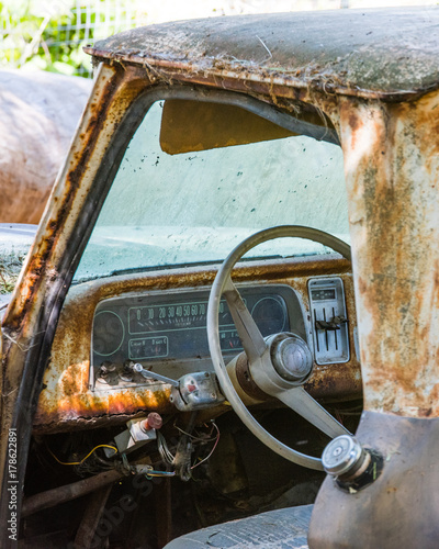 Abandoned Truck Without Logos Viewed Through Driver Door