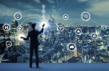 Aufkleber - young business person and graphical user interface concept. Artificial Intelligence.  Internet of Things. Information Communication Technology. Smart City. digital transformation.