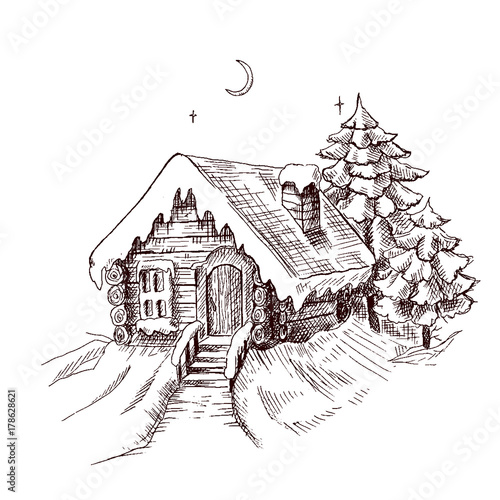 Hand Drawn Sketch Winter Fairy House Outside Pine Forest And Snow Winter Fairy House Outside Pine Forest And Snow Vector Ilration Template For Merry Christmas Card New Year Design See More