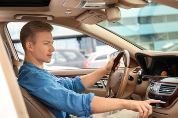 Wall Mural - Young man on driver seat of car