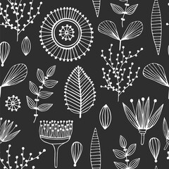 Floral seamless pattern. Hand drawn creative flowers. Lines and strips. Abstract herbs. Outline. Creative design. Can be used for wallpaper, textiles, wrapping, card, cover. Vector illustration, eps10