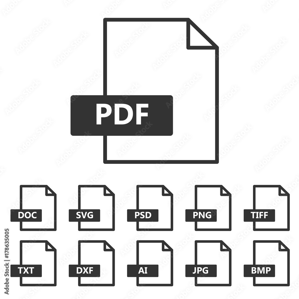 Collection of vector icons. Download signs. PDF file format Stock ...