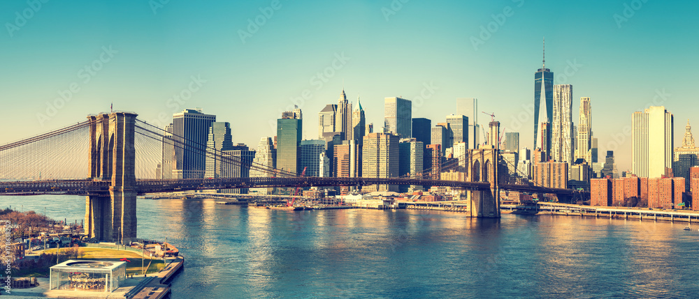 Most Brooklyński i Manhattan w słoneczny dzień, Nowy Jork - obrazy, fototapety, plakaty 