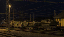 Train With Army Tanks In Autumn Night In Veseli Nad Luznici