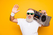 © deagreez - Yeah bro! What`s up? Cheerful excited aged funny sexy gangster cool grandpa dude in eyewear with bass clipping ghetto blaster recorder. Old school, swag, fooling, gym, technology, success, hip hop