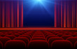 Cinema or theater hall with stage, red curtain and seats vector illustration