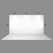Blank white trade show booth with lighting isolated on transparent background