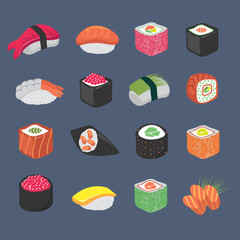 Wall Mural - Cartoon sushi rolls japanese cuisine seafood vector set