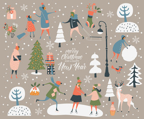 Merry Christmas and happy New year vector greeting card with winter games and people. Celebration template with playing cute people in vintage style.