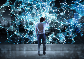 Poster - Businessman watching connection network on a rooftop 3D rendering
