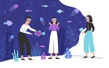 Three People Wearing Virtual Reality Glasses And Standing Inside Giant Aquarium Full Of Exotic Fish. Male And Female Cartoon Characters Enjoying VR Headset Effects. Colorful Vector Illustration.