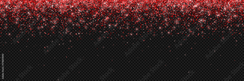 Red glitter background, falling particles on transparent background, long horizontal. Vector - obrazy, fototapety, plakaty 