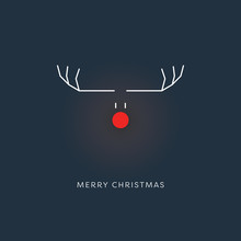 Minimalistic Funny Christmas Card Template With Reindeer Symbol At Night And Glowing Red Nose.