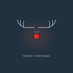 Minimalistic funny christmas card template with reindeer symbol at night and glowing red nose.