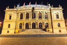 Night View Of The Building Of Rudolfiunum Concert Hall In Prague, Czech Republic