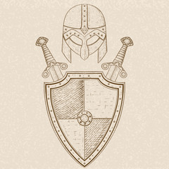 Wall Mural - Viking warrior set - shield, crossed swords and helmet. Hand drawn sketch