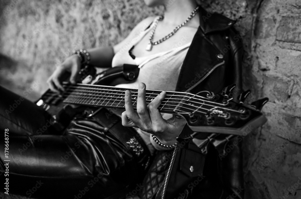Close Up Photo Of Electric Guitar Player In Leather Jacket Black And White Photo Wall Mural Anniebrusnika Close Up Photo Of Electric Guitar Player In Leather Jacket Black And White Photo Wall Mural Anniebrusnika