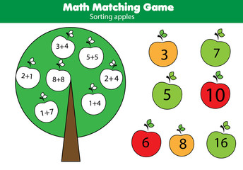 Math educational game for children. Matching mathematics activity. Counting game for kids, addition