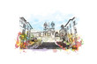 Watercolor sketch with color splash of The Spanish Steps are a set of steps in Rome, Italy in vector illustration.