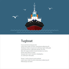 Industrial Vessel Tugboat , Push Boat and Text ,Poster Brochure Flyer Design, Vector Illustration