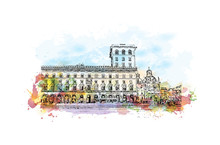 Watercolor Sketch With Color Splash Of Palazzo Venezia Rome, Italy In Vector Illustration.