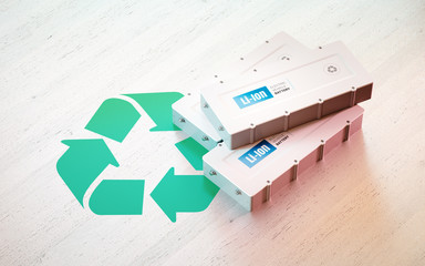 Wall Mural - li-ion electric vehicle battery recycling concept. recycle symbol with ev batteries on wooden desk. 