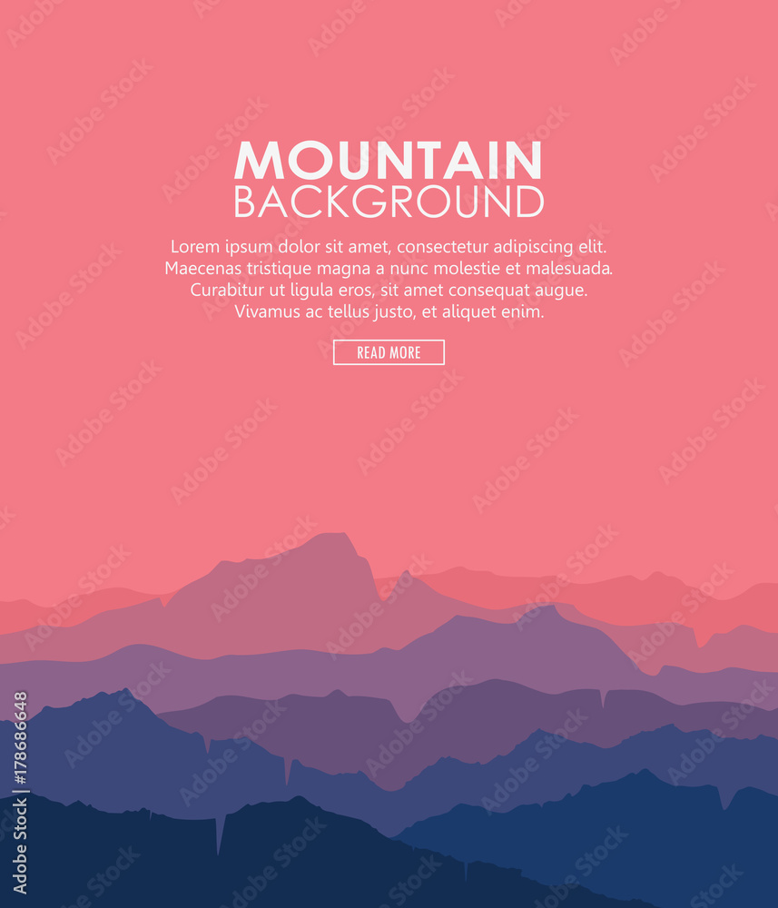Landscape with blue and purple silhouettes of mountains and hills with ...