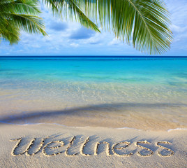 Wellness concept written on sand.